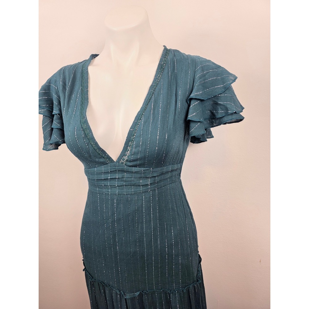 Cleobella Teal Green Metallic Silver Pinstripe Tiered Maxi Dress XS Open Back - Picture 3 of 9